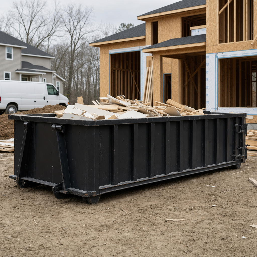 Worker in a yellow high-visibility vest tossing framing lumber and broken drywall into a matte-black 30-yard construction roll-off dumpster on an active build site in Odessa, bright daylight