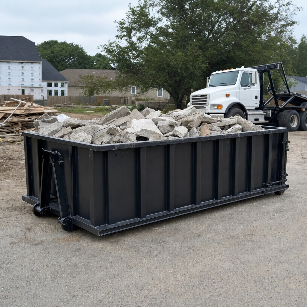 Low-profile matte-black lowboy roll-off dumpster loaded with broken concrete slab and rebar at a foundation tear-out in Odessa, skid steer parked beside it, sunny Colorado morning