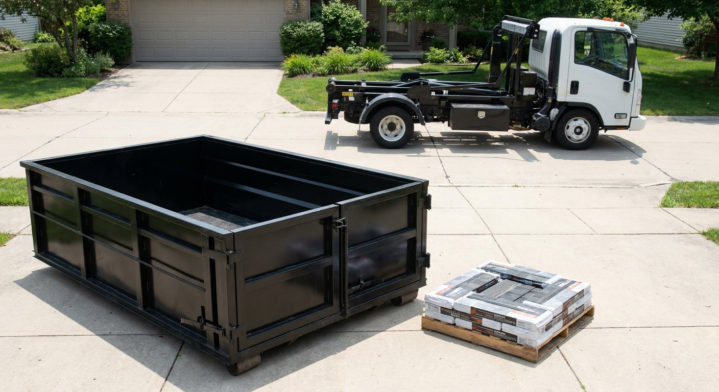 Matte-black 15-yard roofing roll-off dumpster with reinforced low side walls sitting directly on a Odessa residential concrete driveway, three-tab asphalt shingle bundles stacked nearby, an unmarked white hauler truck partially visible at the edge of the frame.