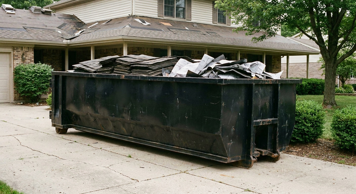 Matte-black 30-yard roofing roll-off dumpster sitting directly on a Odessa concrete driveway, taller ribbed steel side panels, mixed tear-off debris of asphalt shingles and underlayment inside, professional documentary daylight.