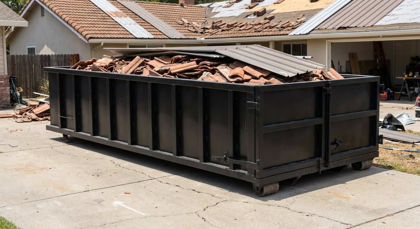 Matte-black low-wall heavy-debris roofing roll-off dumpster sitting directly on a Odessa concrete driveway, broken concrete clay roof tiles and metal panel sections loaded inside, reinforced ribbed steel side walls visible, bright outdoor daylight.