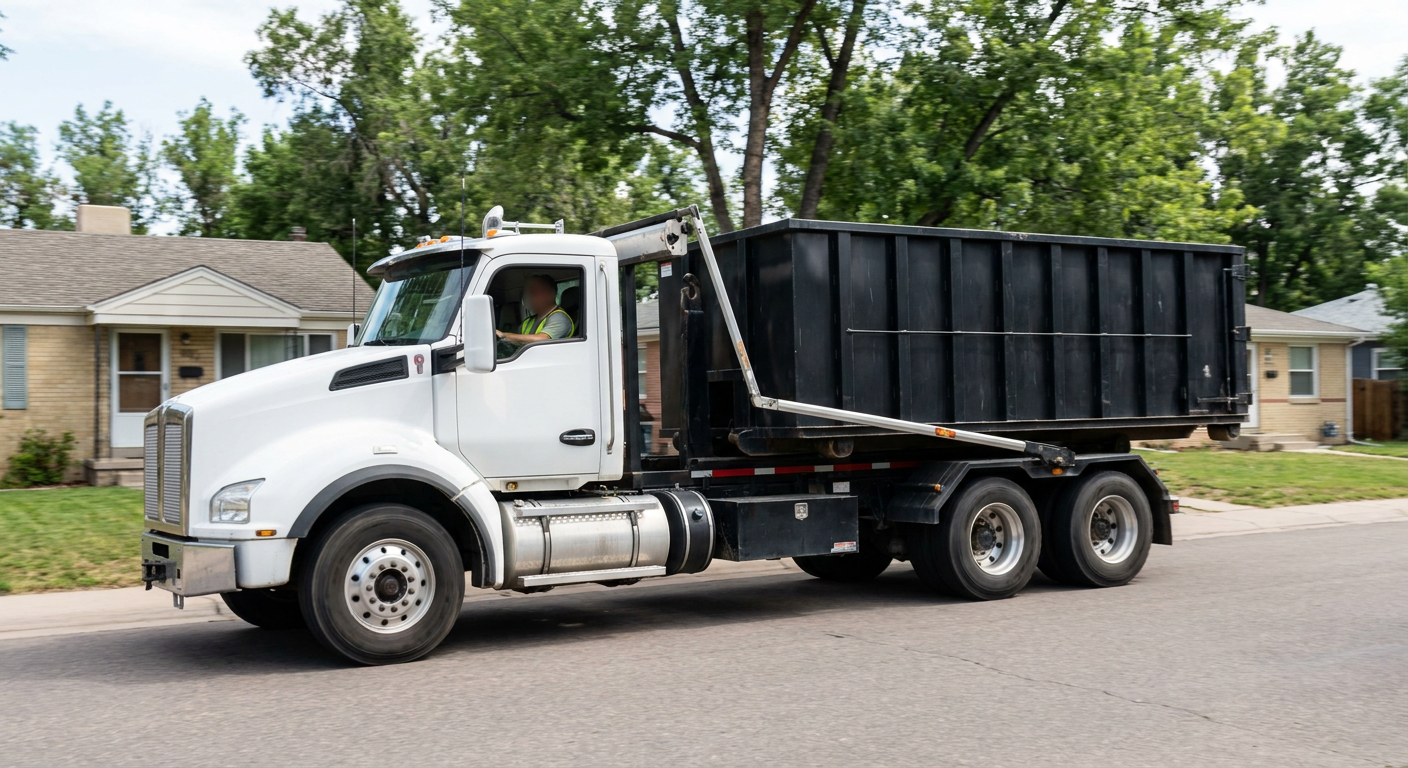 A wide documentary shot of a matte-black roll-off delivery truck pulling onto a quiet Odessa residential street at mid-morning, with neighborhood rooftops and tree-lined blocks visible behind, showing the metro coverage footprint.