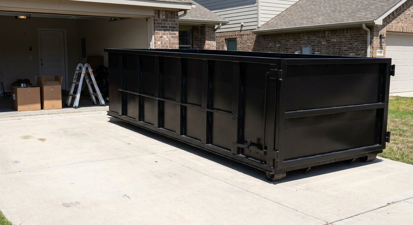 A matte-black 10-yard roll-off dumpster sitting directly on a residential Odessa concrete driveway, mid-day sunlight, clean and ready for a garage cleanout.