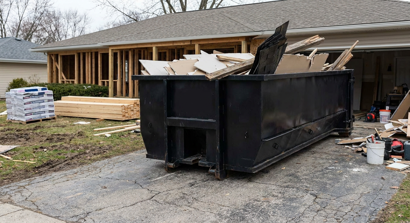 A matte-black 20-yard roll-off dumpster placed alongside a mid-renovation Odessa home directly on the asphalt driveway, with framing materials and torn-off shingles staged neatly nearby.
